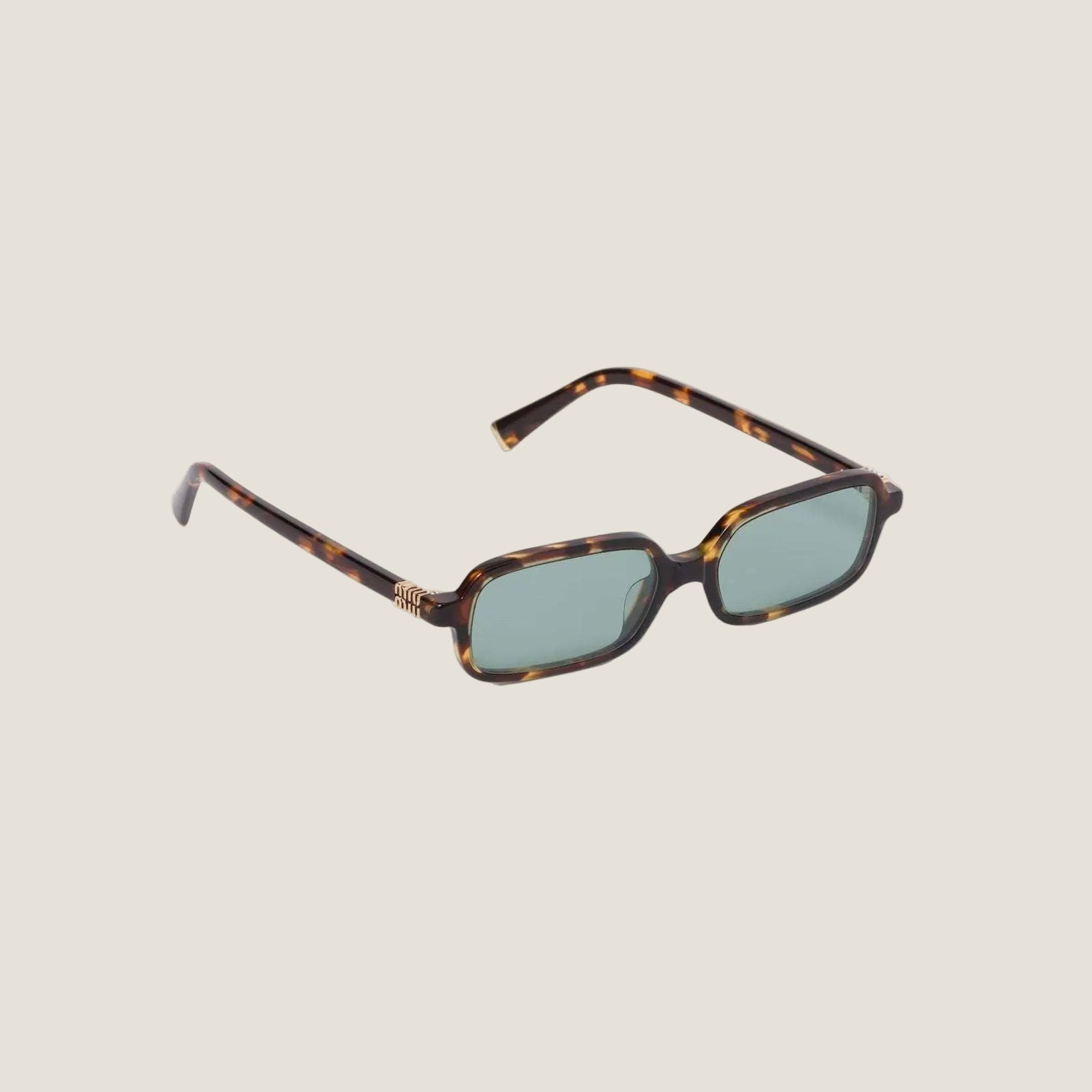 Image of Rectangular Miu Miu sunglasses with leopard patterned metal and plastic frame, adjustable nose pads, and UVA/UVB protection.