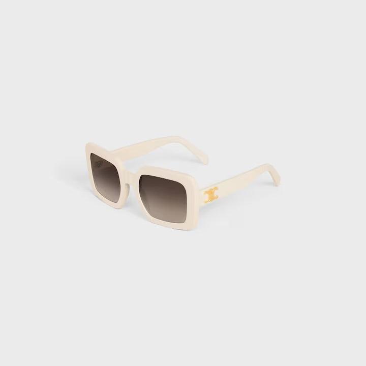 Celine sunglasses with beige square frame and dark lenses, featuring signature subtle logo detailing.