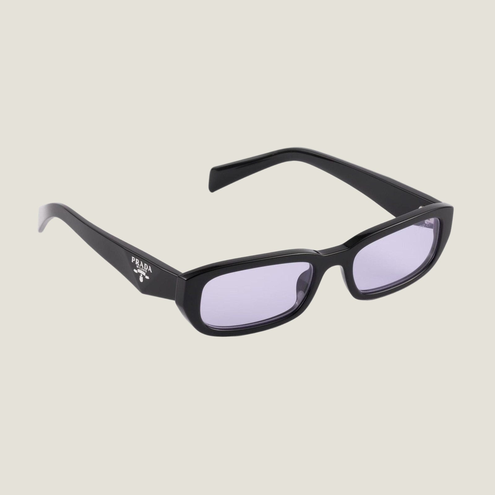 Image of Black plastic sunglasses with logo P, UVA/UVB protection, adjustable nose pads.