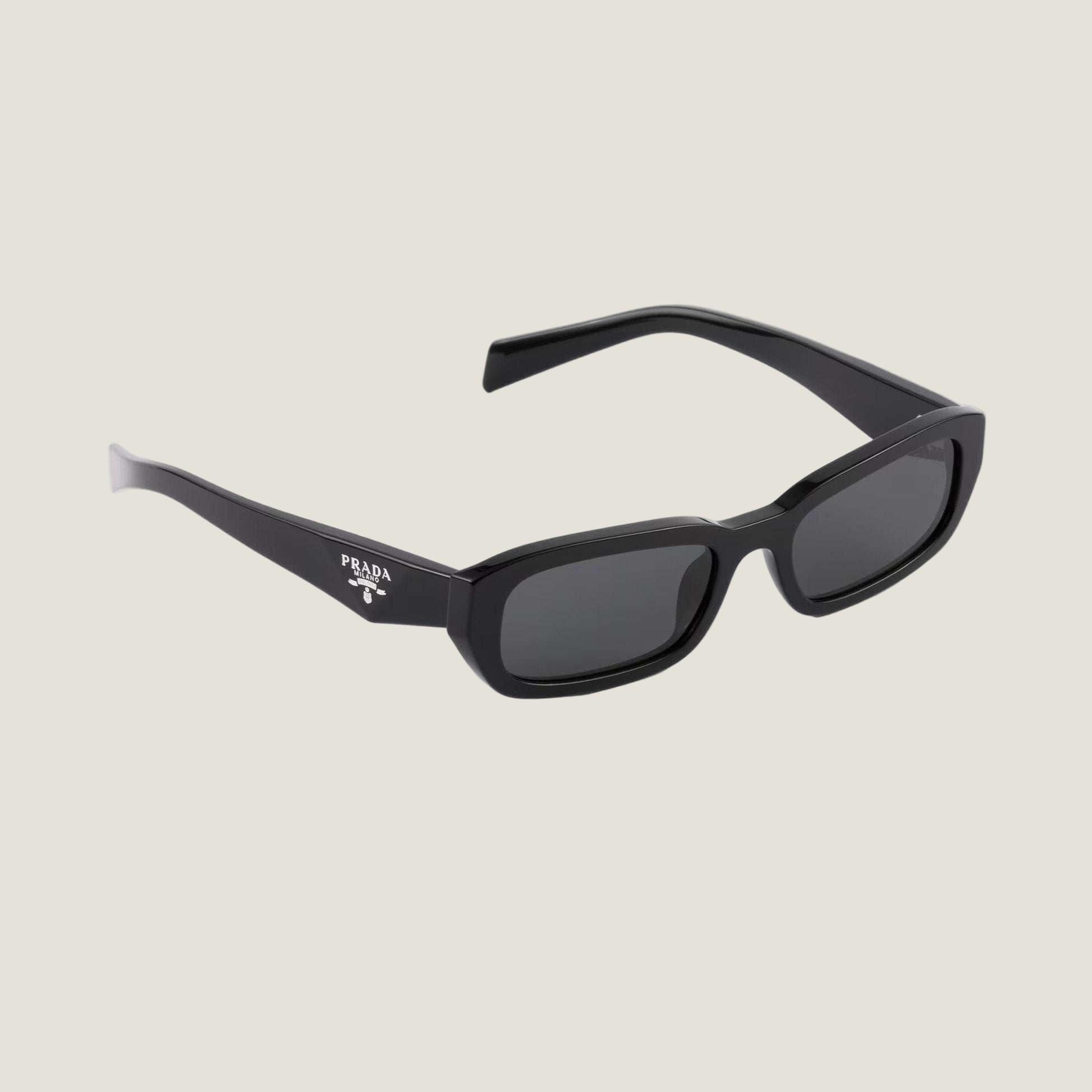 Image of Prada logo sunglasses, black geometric frames, UV400 lenses.