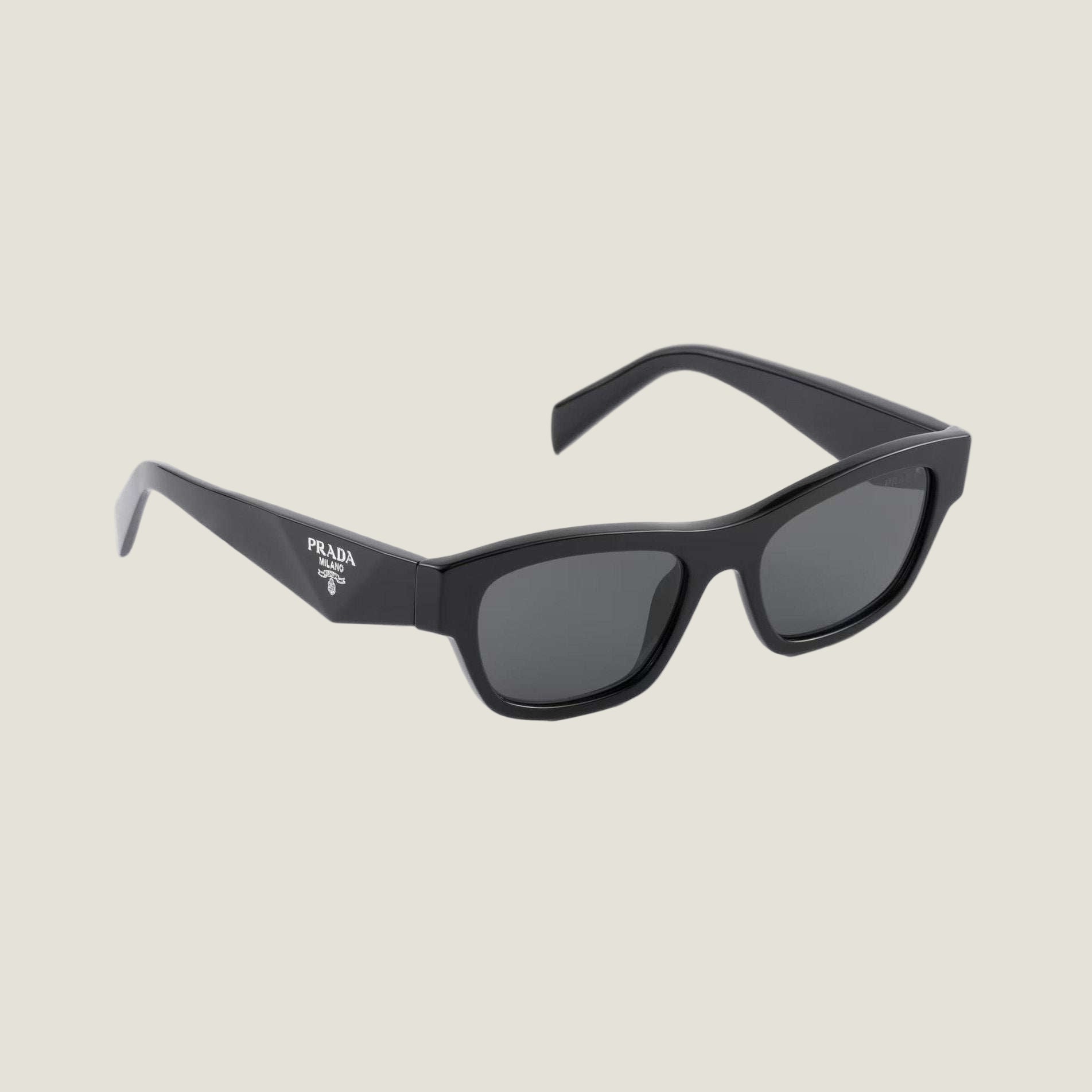 Image of PRADA sunglasses with logo, sleek black frame, and UV400 lenses.