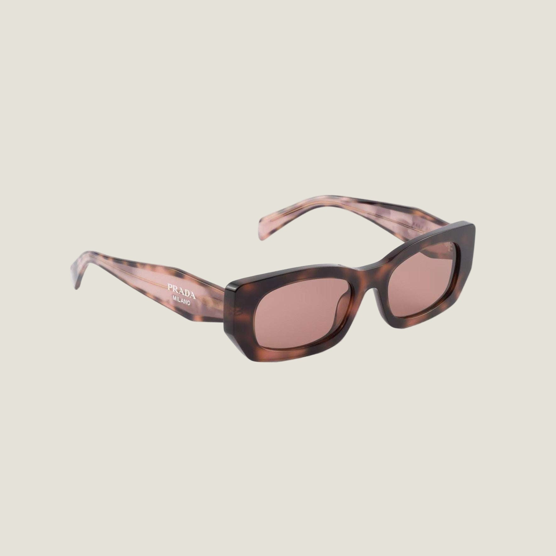 Image of Prada sunglasses with logo featuring bold geometric frames and tinted lenses.