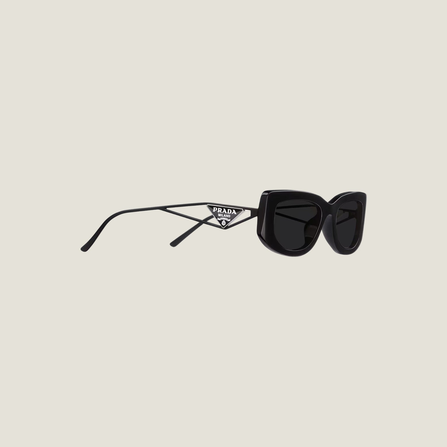 Image of PRADA sunglasses with logo, sleek black geometric frame.
