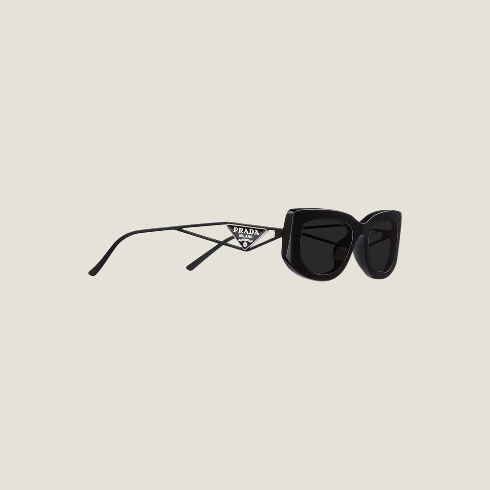 PRADA sunglasses with logo, sleek black geometric frame.