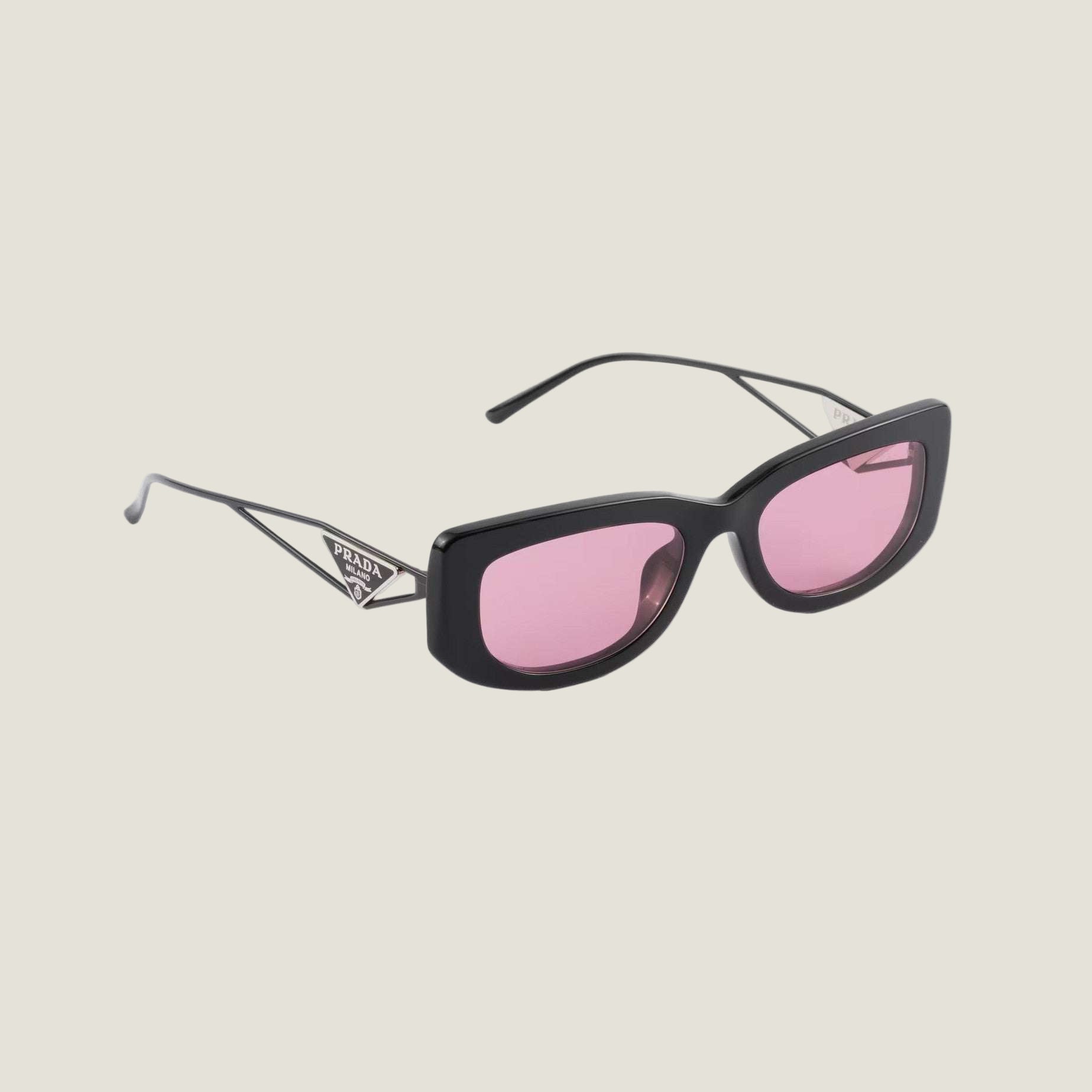 PRADA sunglasses with logo, geometric black frames, and pink lenses.