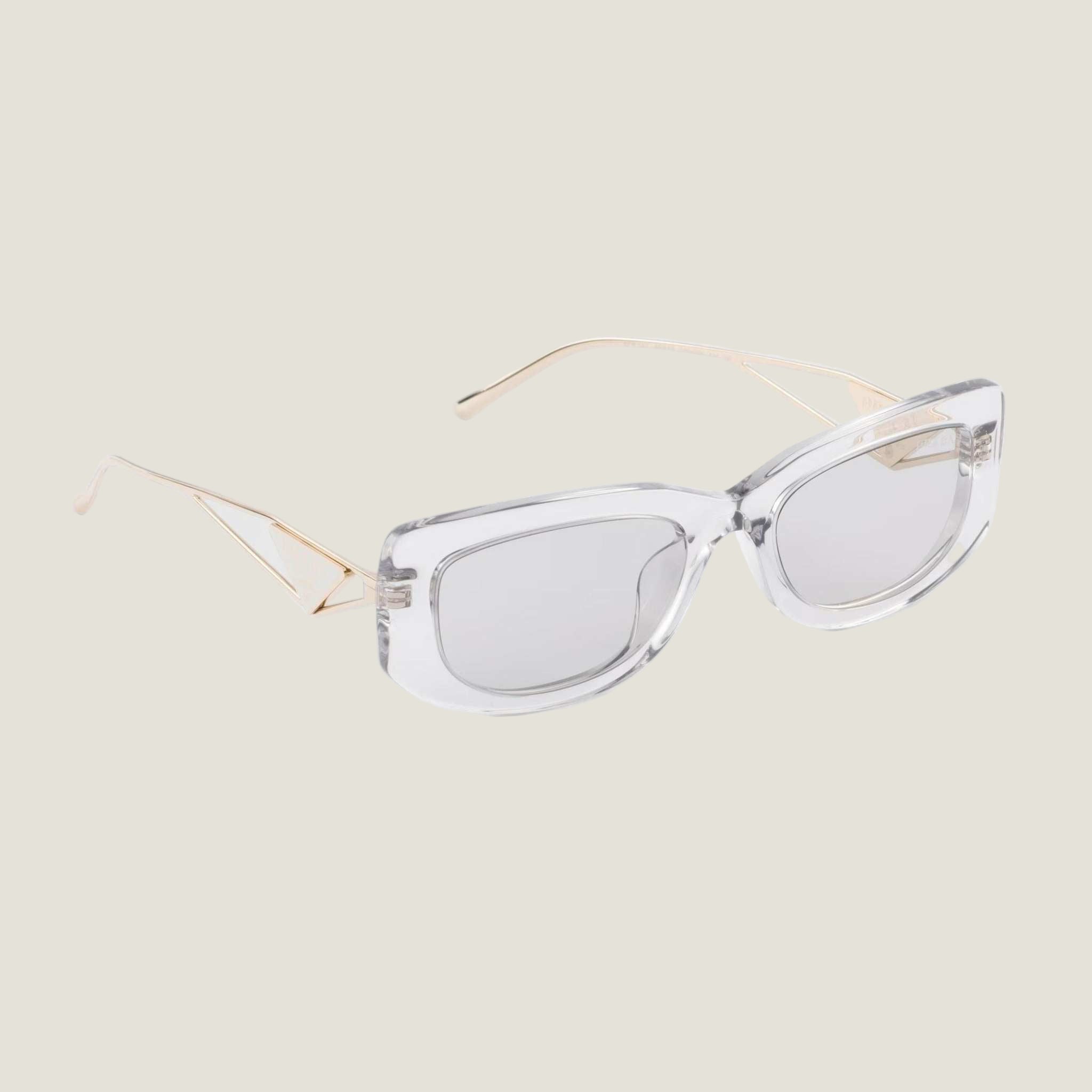 Image of Prada logo sunglasses with geometric frames and bold design, offering luxury and style.