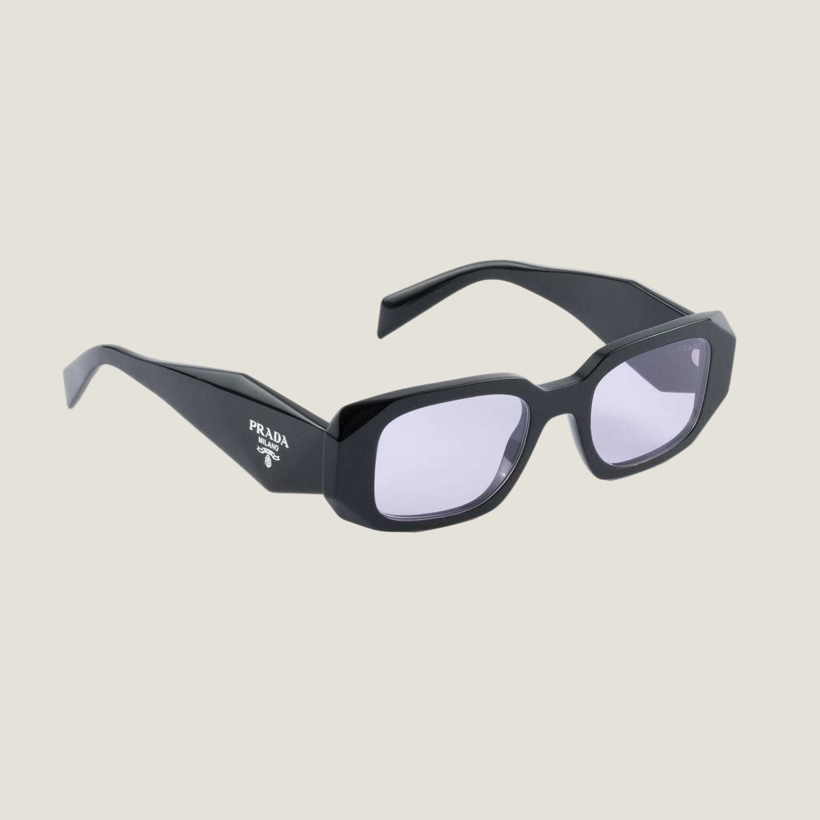 PRADA sunglasses with logo, geometric black frames, and UV400 lenses for a luxury look.
