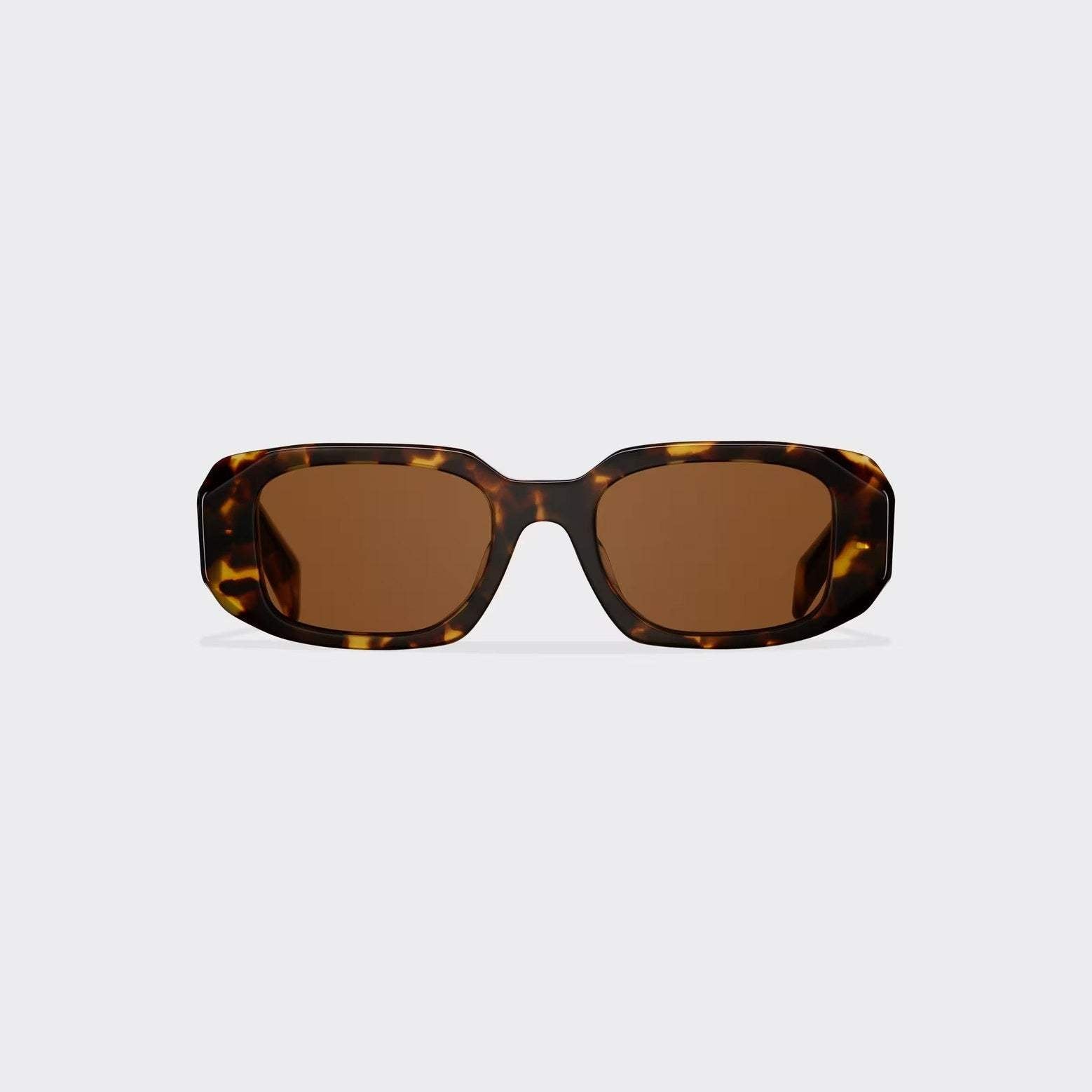 Image of PRADA luxury logo sunglasses with geometric tortoiseshell frames.