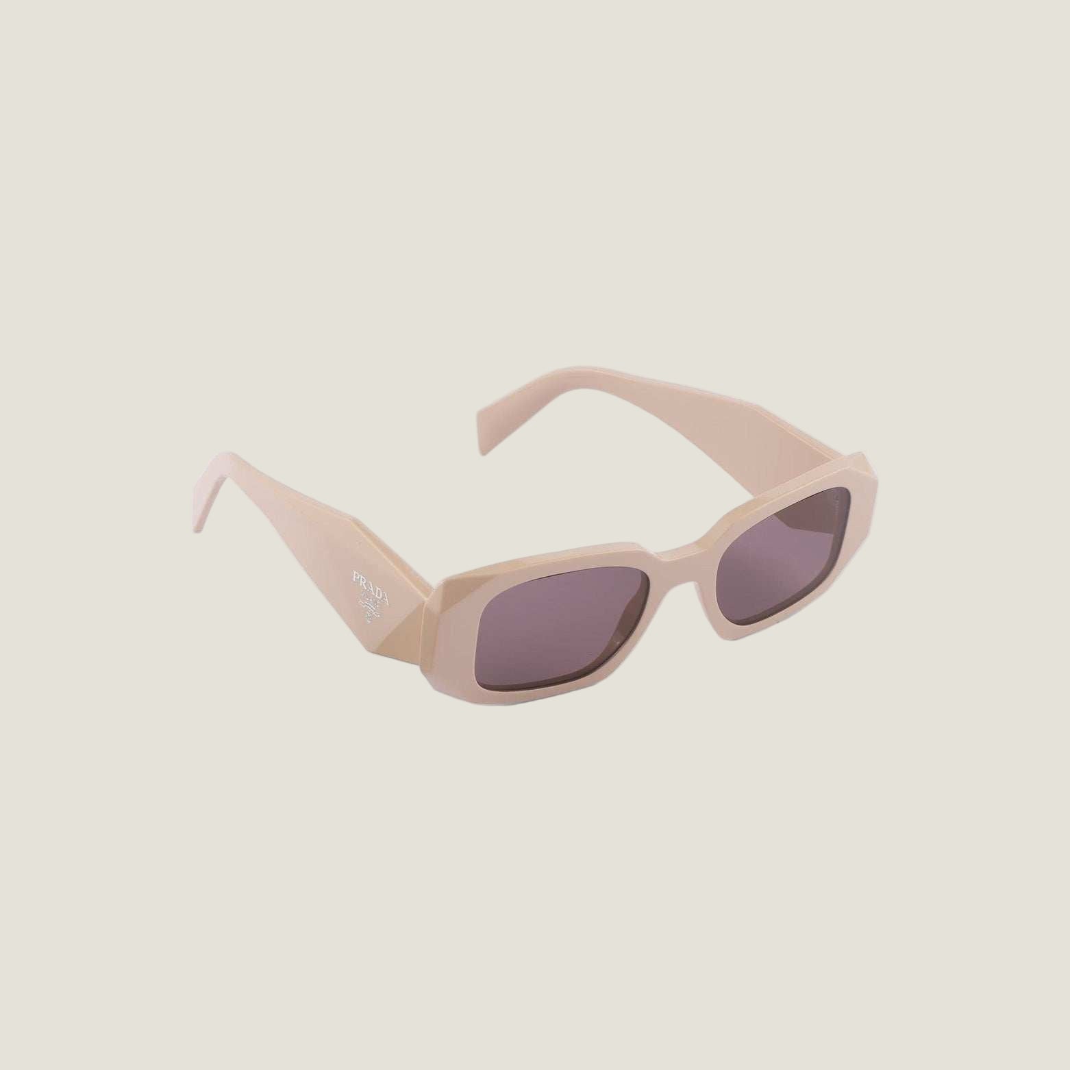 Image of Designer Prada sunglasses with bold logo and geometric frames.