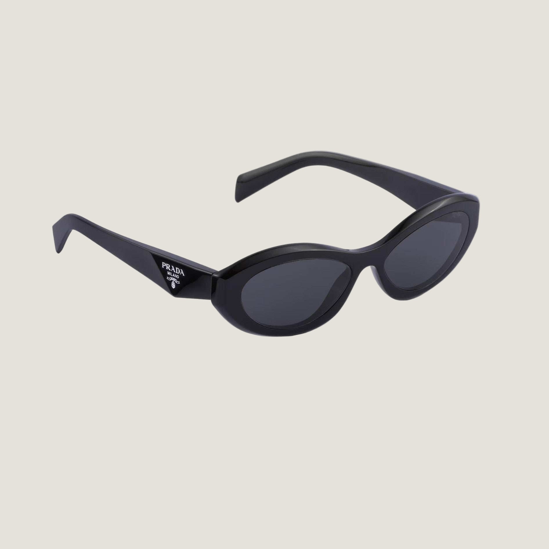 Image of PRADA sunglasses with logo, luxury geometric black frames, UV400 lenses.