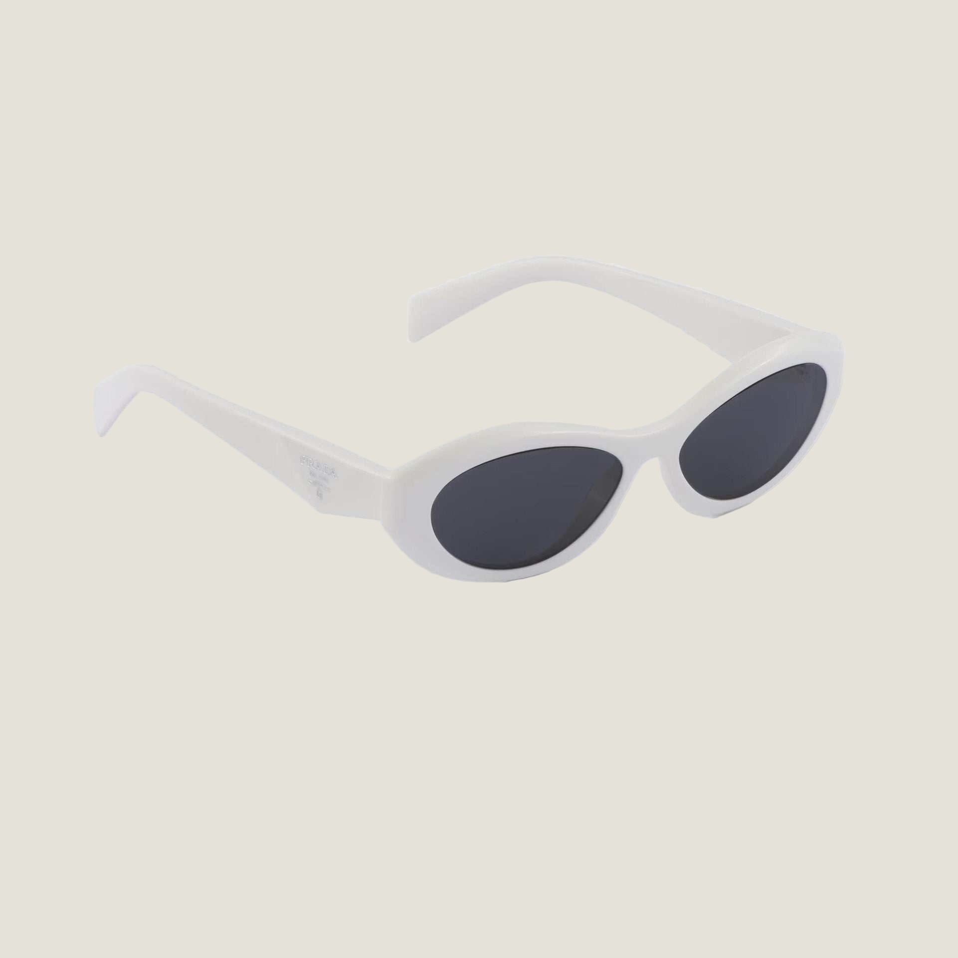 Image of Prada logo sunglasses, white geometric frames, luxury Italian design.