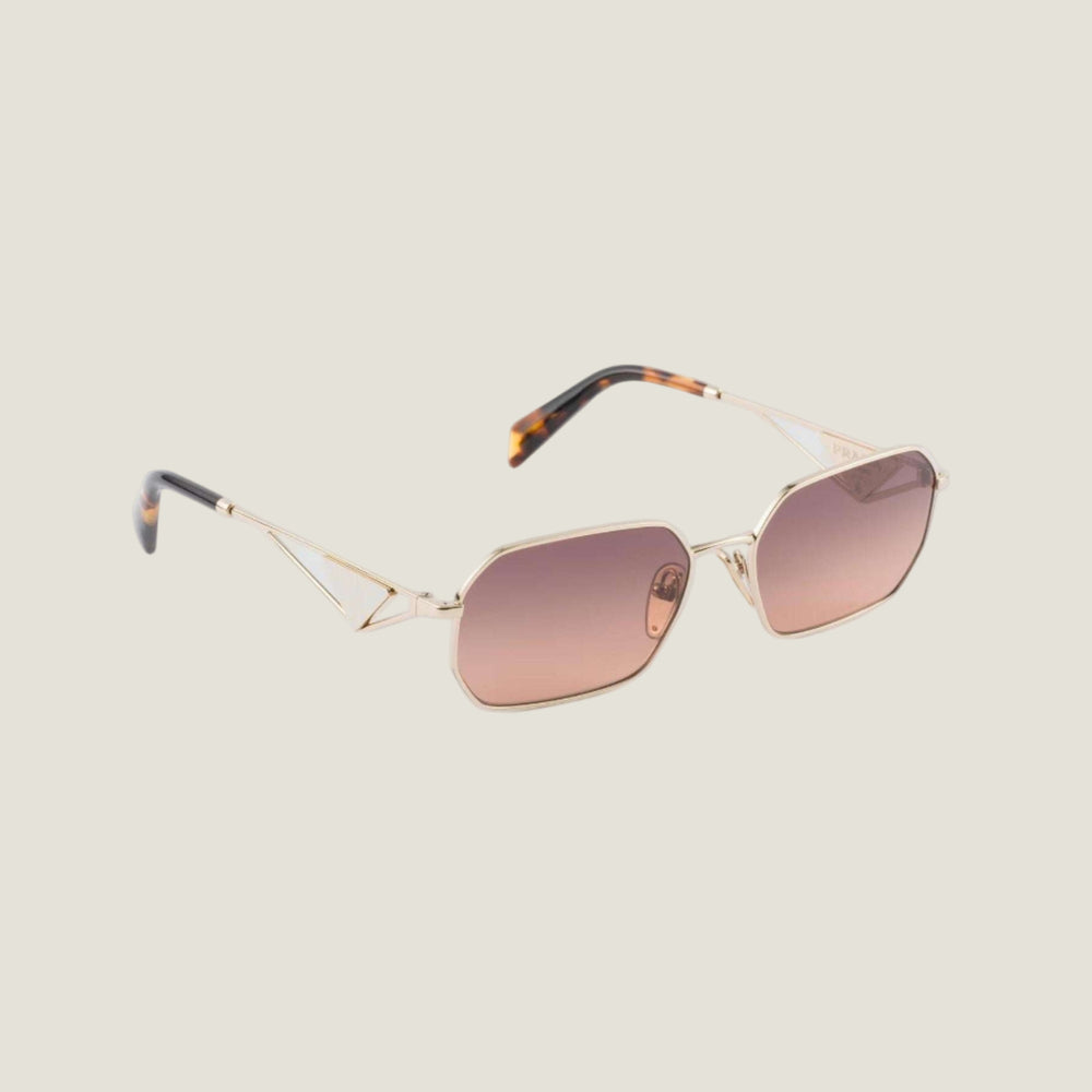 Luxury Prada sunglasses with geometric frames and bold logo.