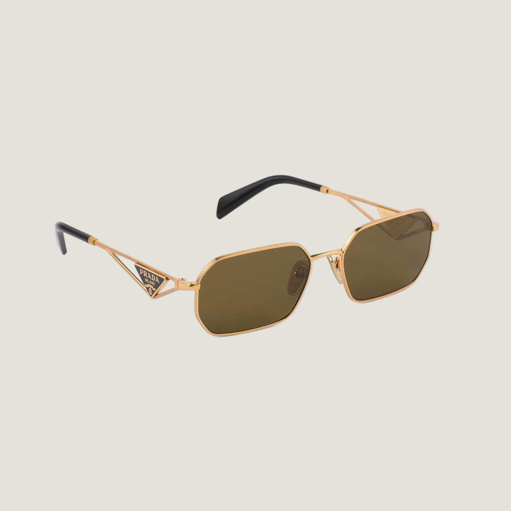 Prada sunglasses with geometric frames and bold logo, showcasing luxury and contemporary elegance.