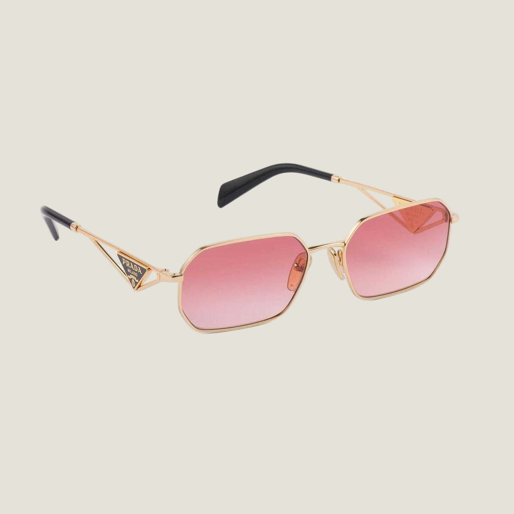 PRADA sunglasses with geometric frames and bold logo, featuring pink lenses.