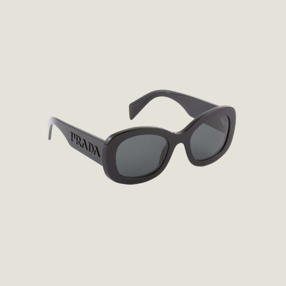 Prada logo sunglasses with bold black frames and geometric design.