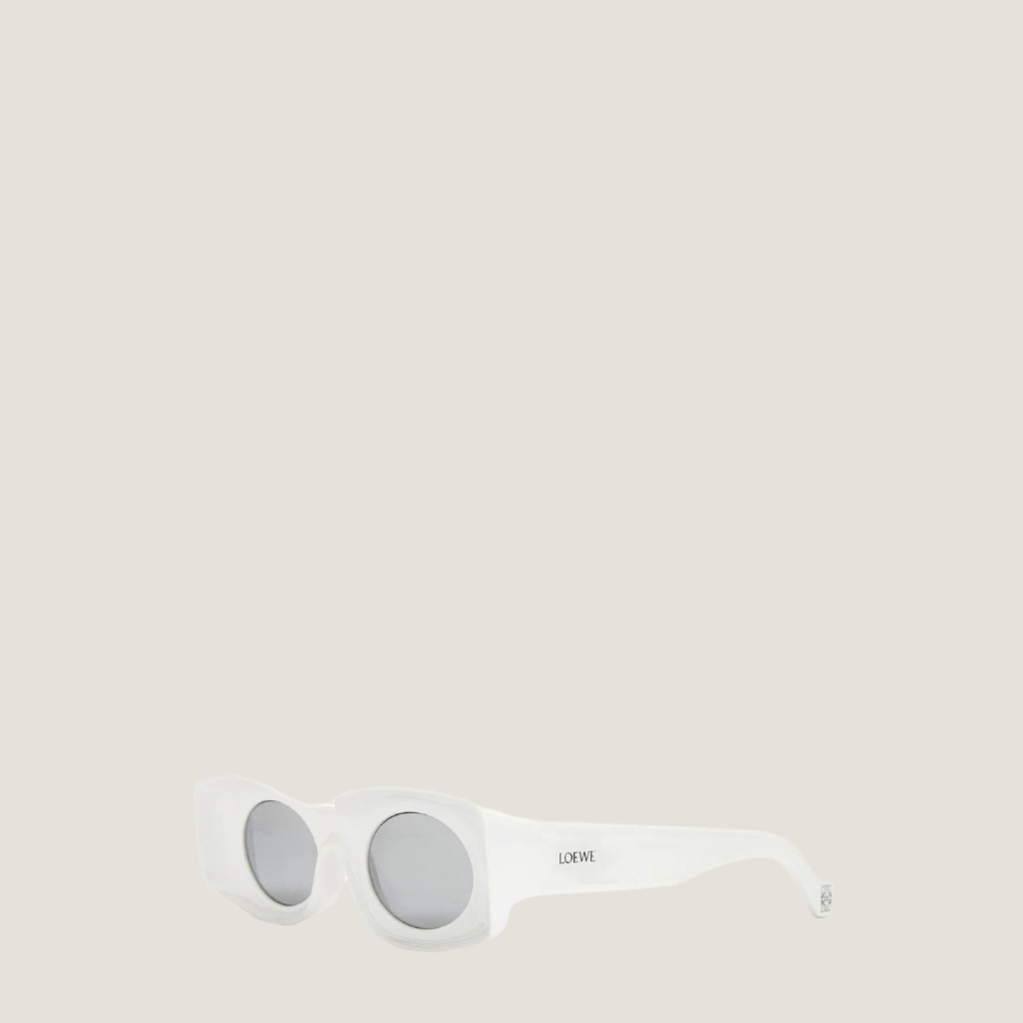 LOEWE sunglasses with white geometric frames and UV400 protection lenses.