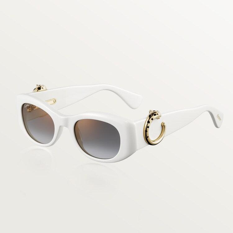 Image of White Cartier replica sunglasses with plastic frame and adjustable nose pads, offering 100% UVA/UVB protection.