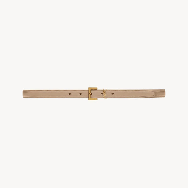 2cm leather belt with gold buckle, minimalist design.