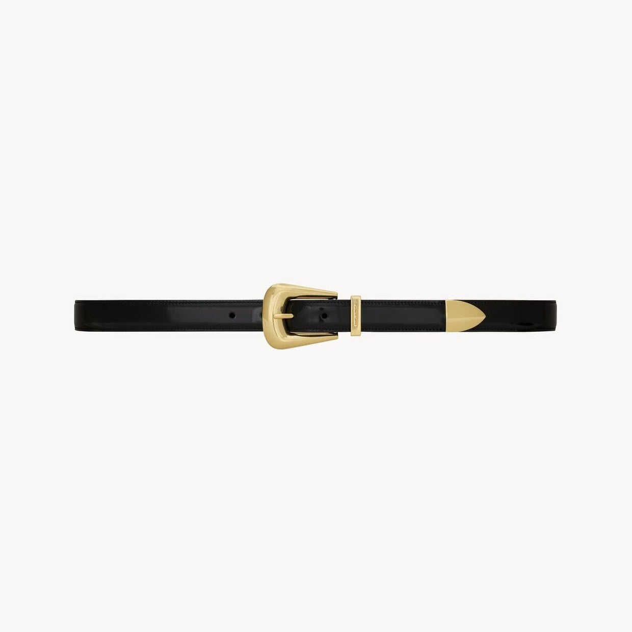 Image of Elegant black leather SL belt with gold buckle, showcasing minimalist Parisian design.