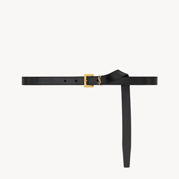 Luxury Saint Laurent black leather belt with gold buckle.