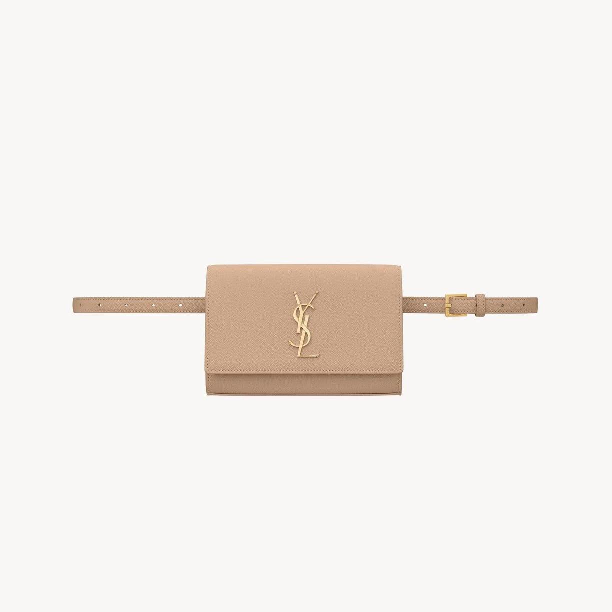 Luxury beige leather bag belt with iconic SL logo and adjustable strap.