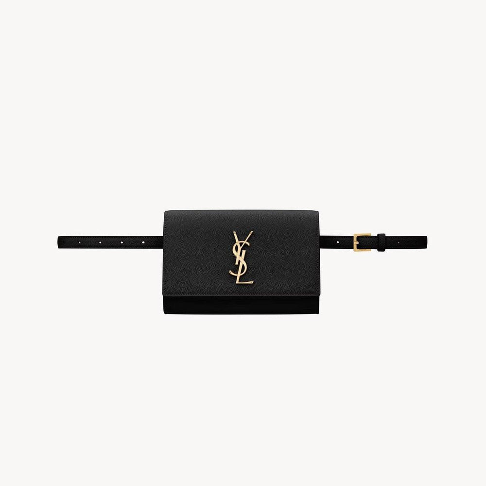 Elegant black Saint Laurent bag belt with iconic SL logo and metallic buckle.