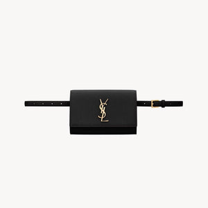 Elegant black Saint Laurent bag belt with iconic SL logo and metallic buckle.