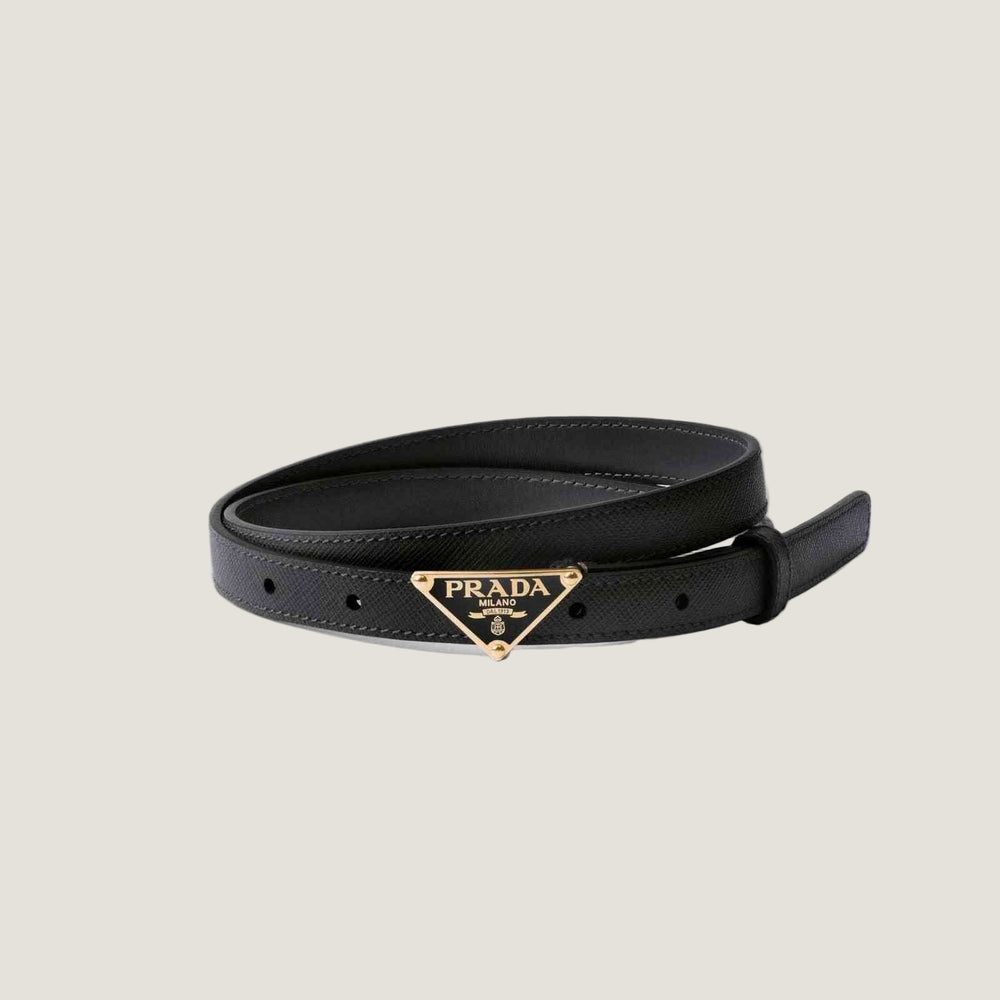 Leather belt with branded buckle and adjustable holes, חגורה P.