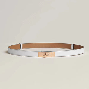 Hermès Kelly belt in premium leather with minimalist gold buckle, elegant unisex design.