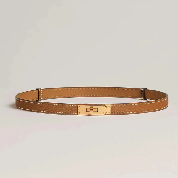 Hermes Kelly leather belt with elegant metallic buckle, luxury accessory in brown finish.