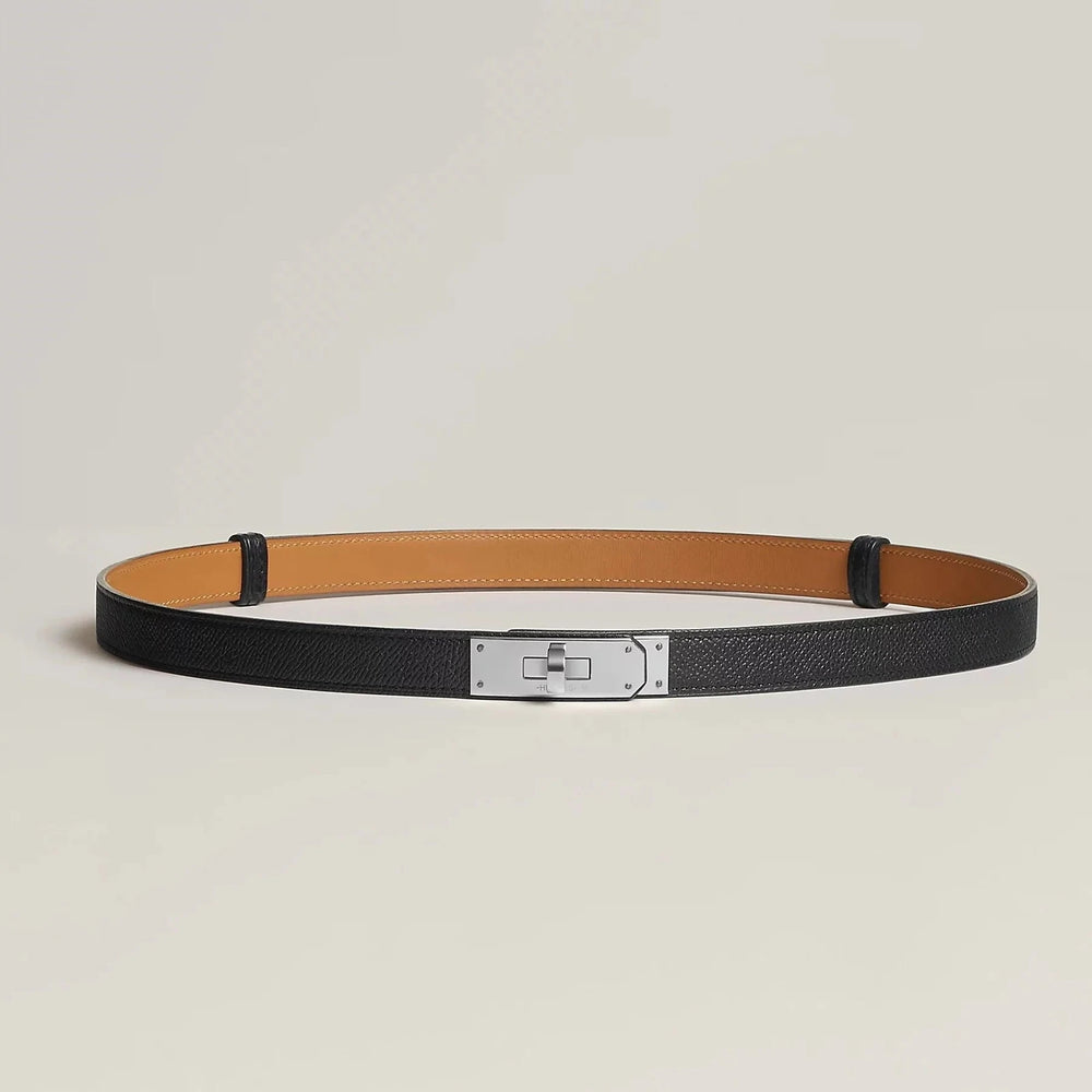 Quality leather belt with silver buckle, fits waist sizes 60-105 cm, includes punch tool and box.