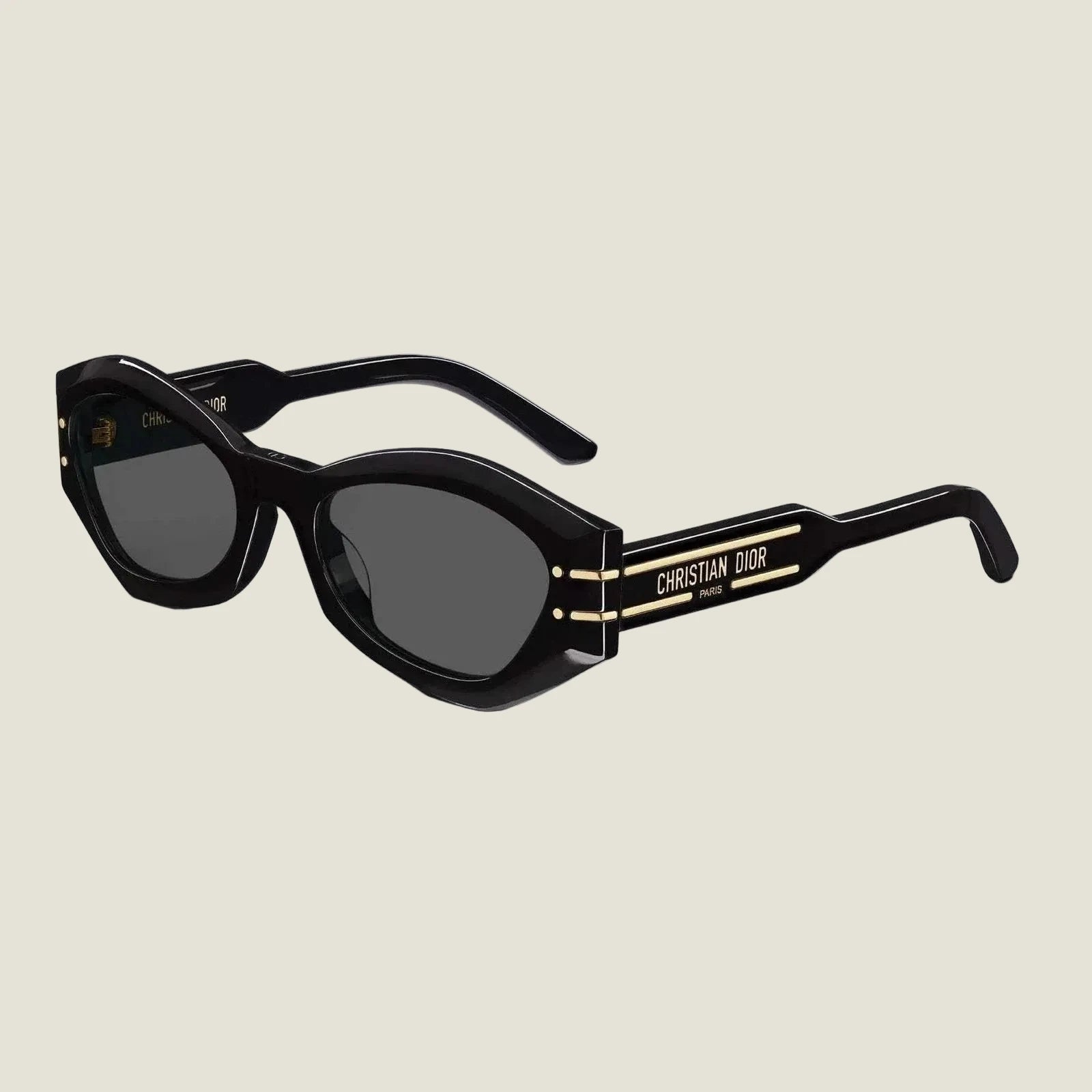 Image of Timeless black plastic sunglasses with adjustable nose pads and UVA/UVB protection.