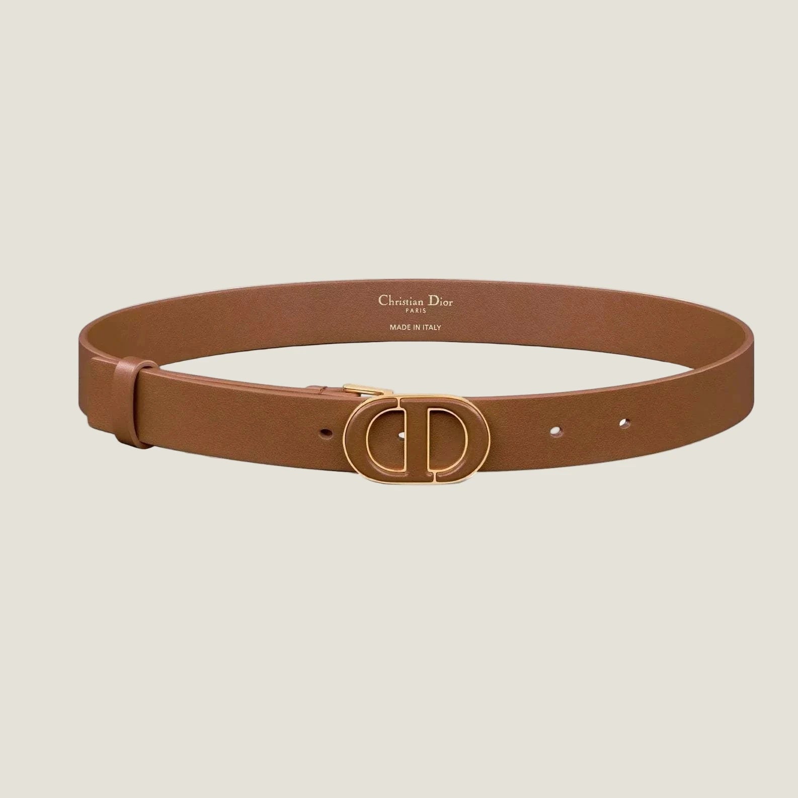 Image of DIOR luxury leather belt with gold CD buckle.