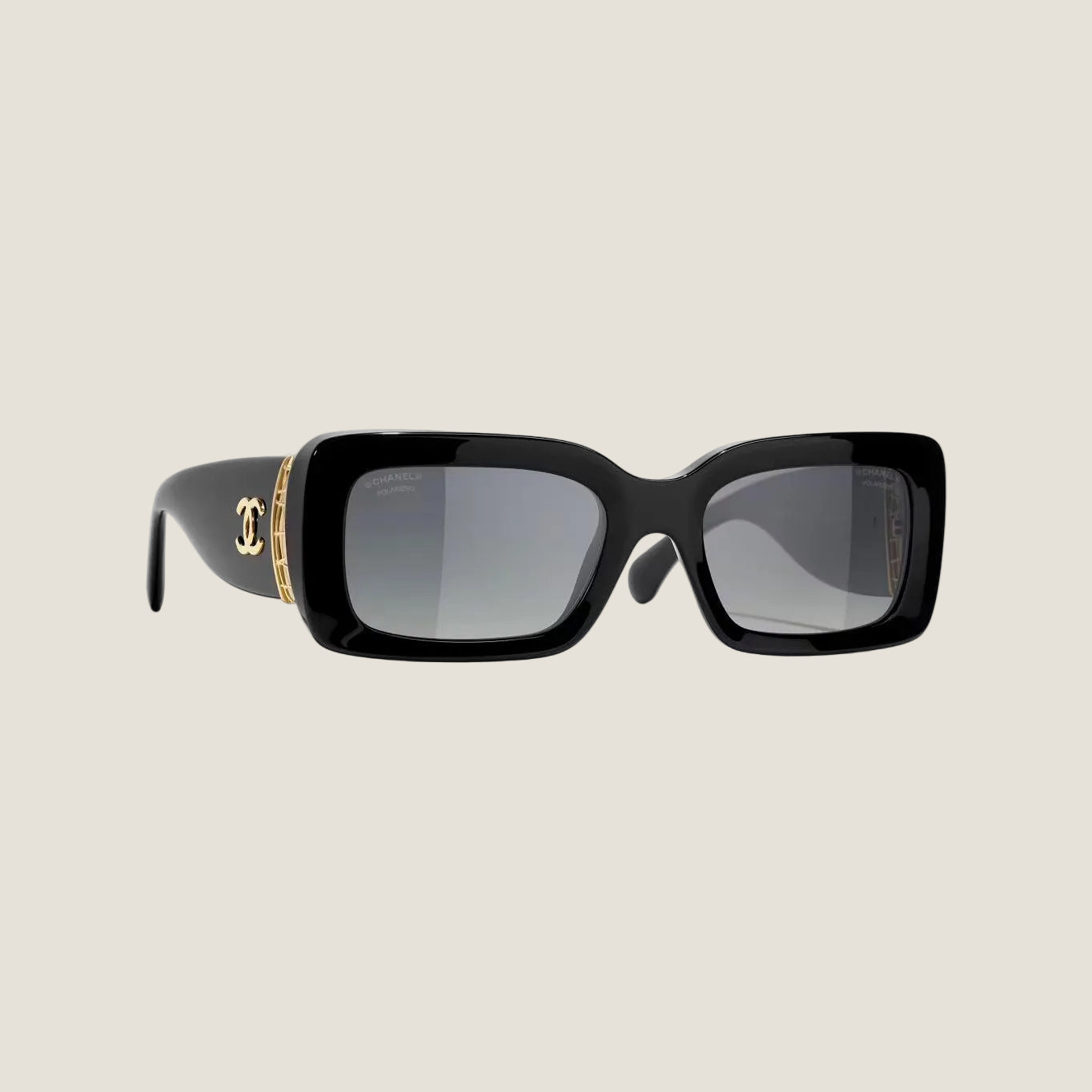 Chanel sunglasses with black and gold frame, UV protection, adjustable nose pads, and replica details.