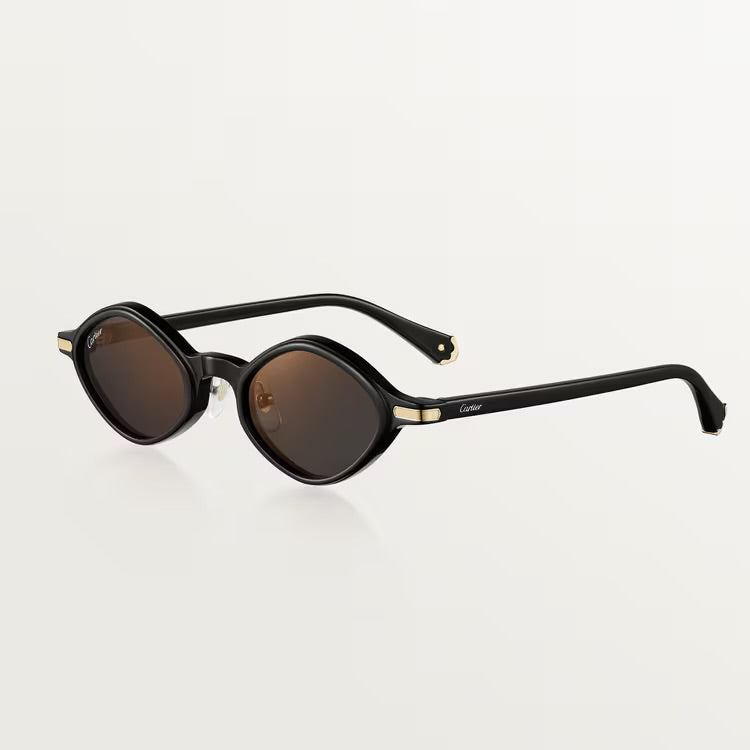 Cartier black plastic sunglasses with UVA/UVB protection and adjustable nose pads.