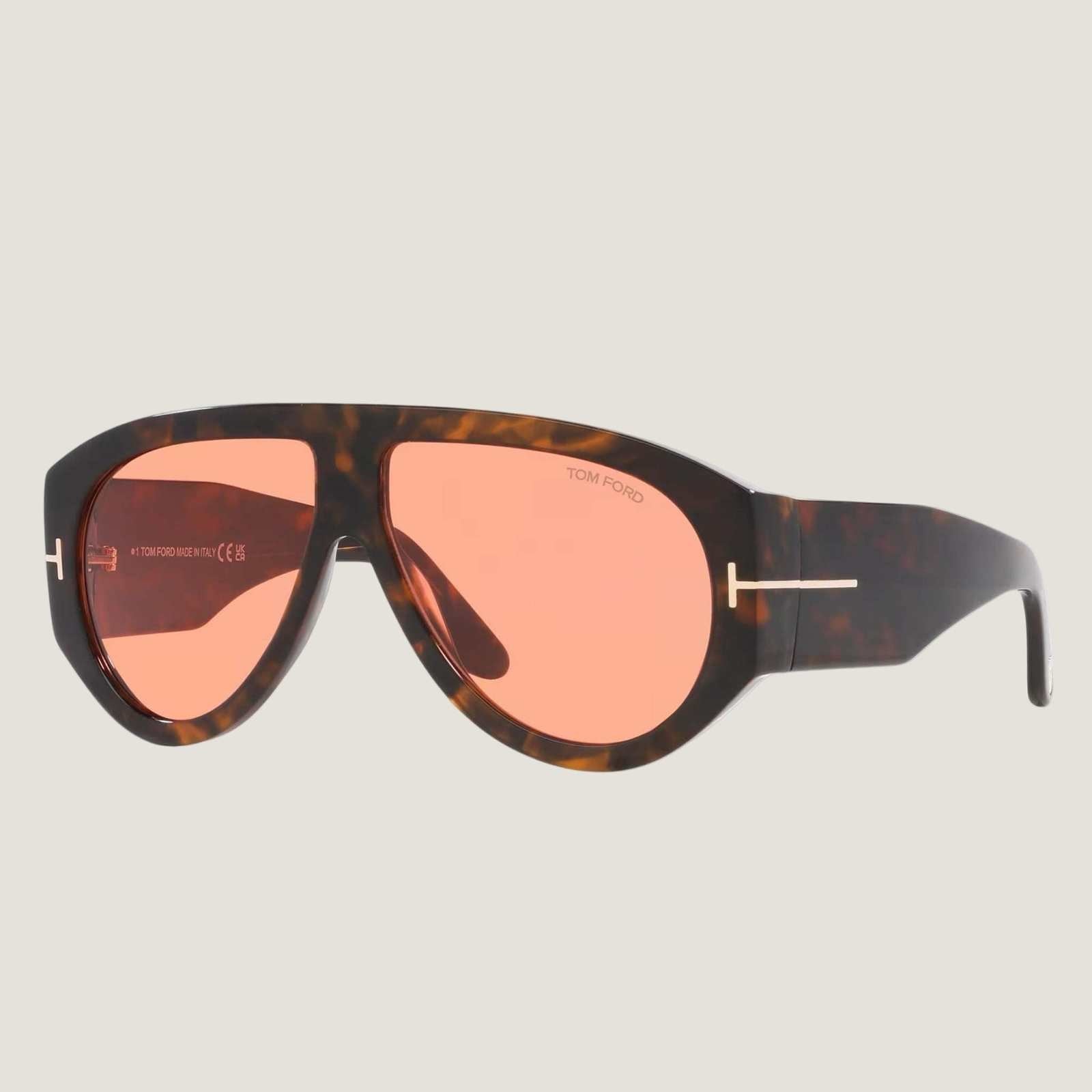 TOM FORD sunglasses with tortoiseshell plastic frame and adjustable nose pads, offering 100% UVA/UVB protection.