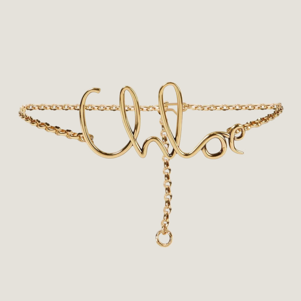 חגורת Chloe לנשים, אבזם זהב יוקרתי עם לוגו, עיצוב אופנתי.