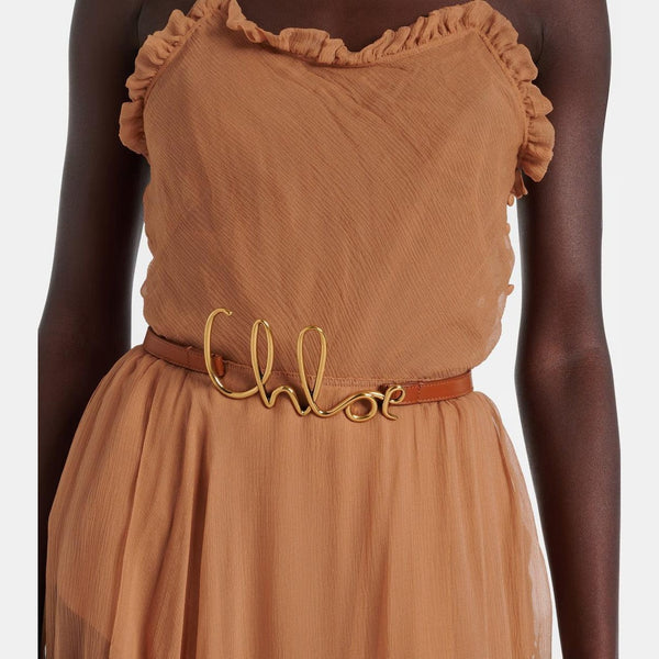 חגורת Chloe לנשים, עור אמיתי, אבזם זהב לוגו, אופנה על-זמנית.